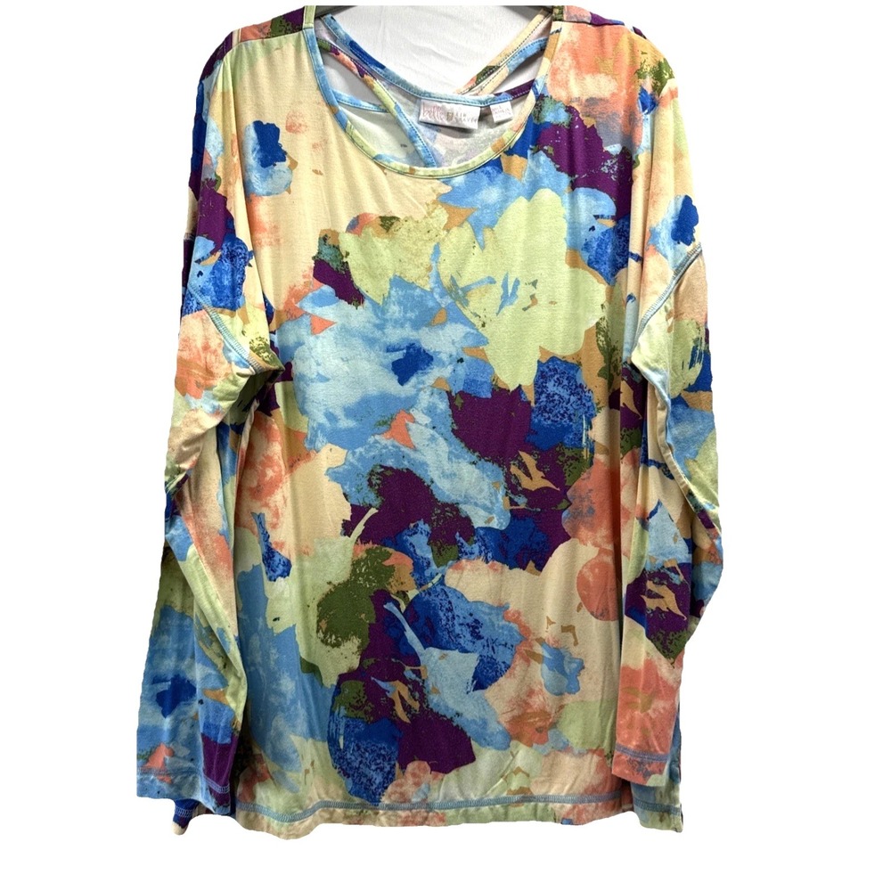 Bell Kim Gravel Tunic Top Sz Large Colorful Watercolor Long Sleeve Back Cut Outs